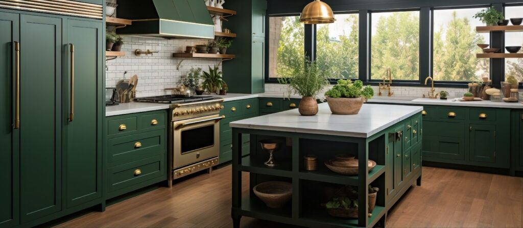 Kitchen with green cabinets and gold hardware in luxury Utah home.