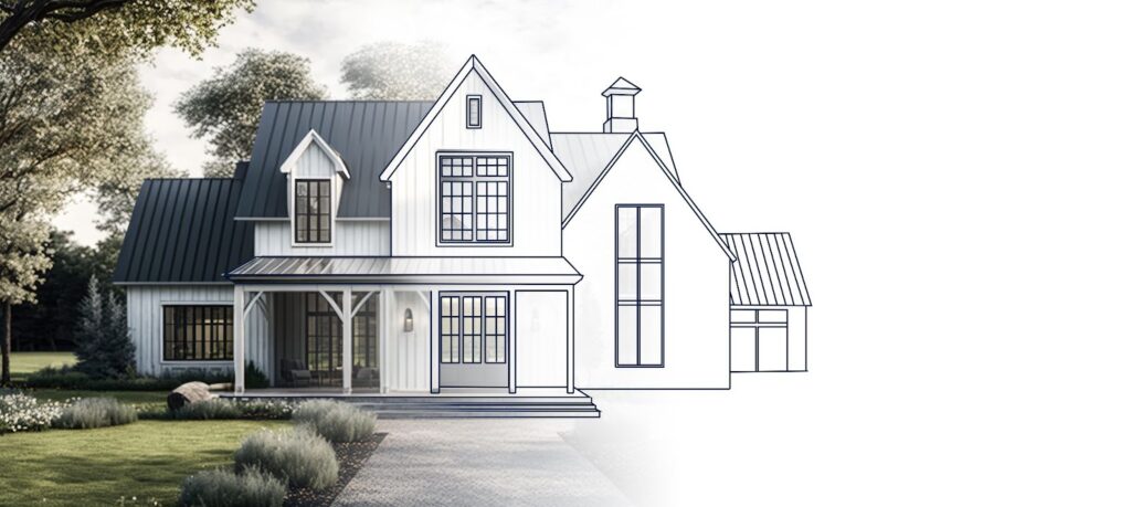 A sketch of a dream home with a front view, designed by custom home builder.