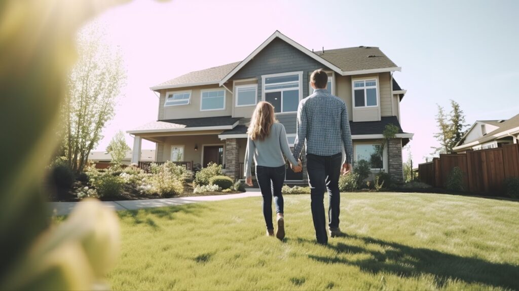 A couple strolls together in front of a modern home, showcasing the charm of new home communities and their amenities.