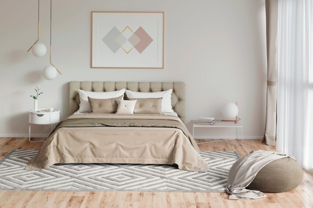 A stylish bedroom featuring a neutral scheme and white bed, promoting relaxation