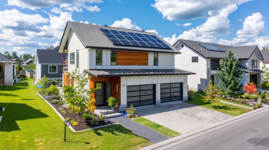 Solar panels installed on a modern home, showcasing sustainable energy solutions in a new community with modern amenities