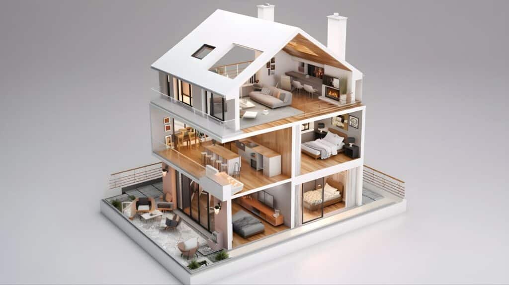 3D rendering of a family-centric home featuring a balcony, stairs, and a detailed floor plan for modern living.