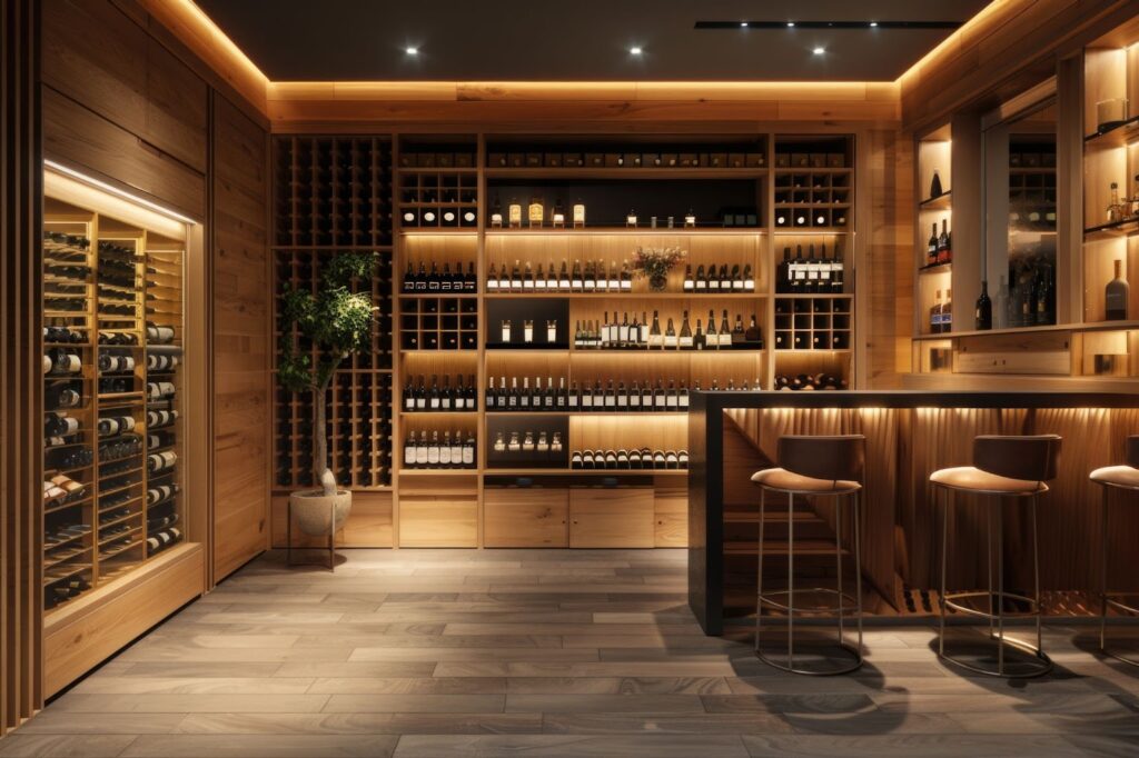 A luxurious wine cellar featuring a stylish bar and elegant chairs, showcasing exquisite home design and upscale amenities.