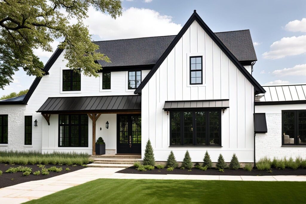 A white farmhouse featuring black trim and black windows, set against a clear blue sky