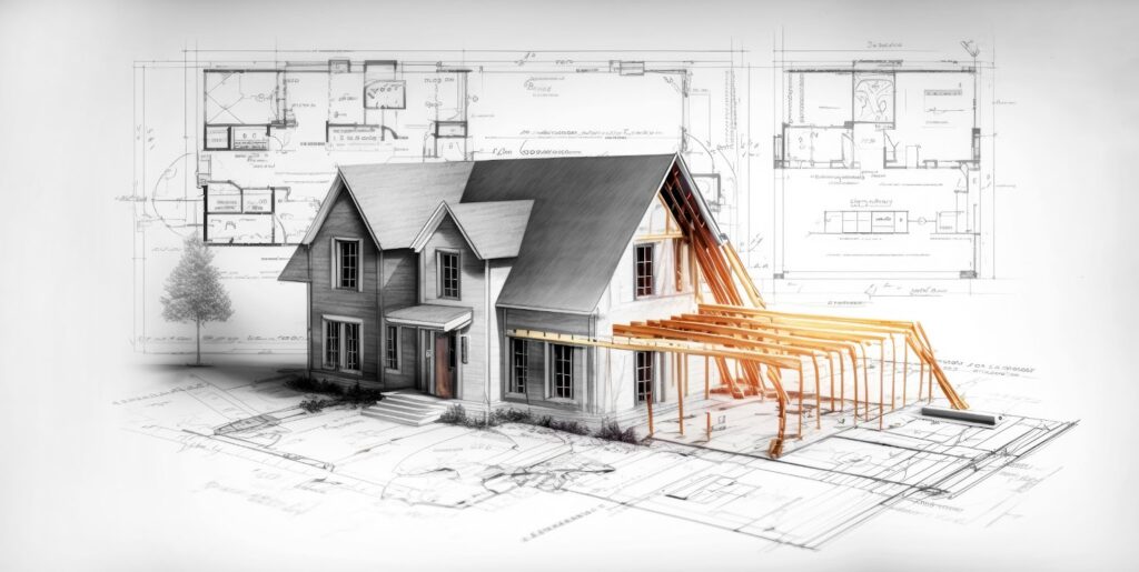 A 3D rendering of a house with one side showing a completed exterior and the other side revealing wooden framing, overlaid on architectural blueprints.