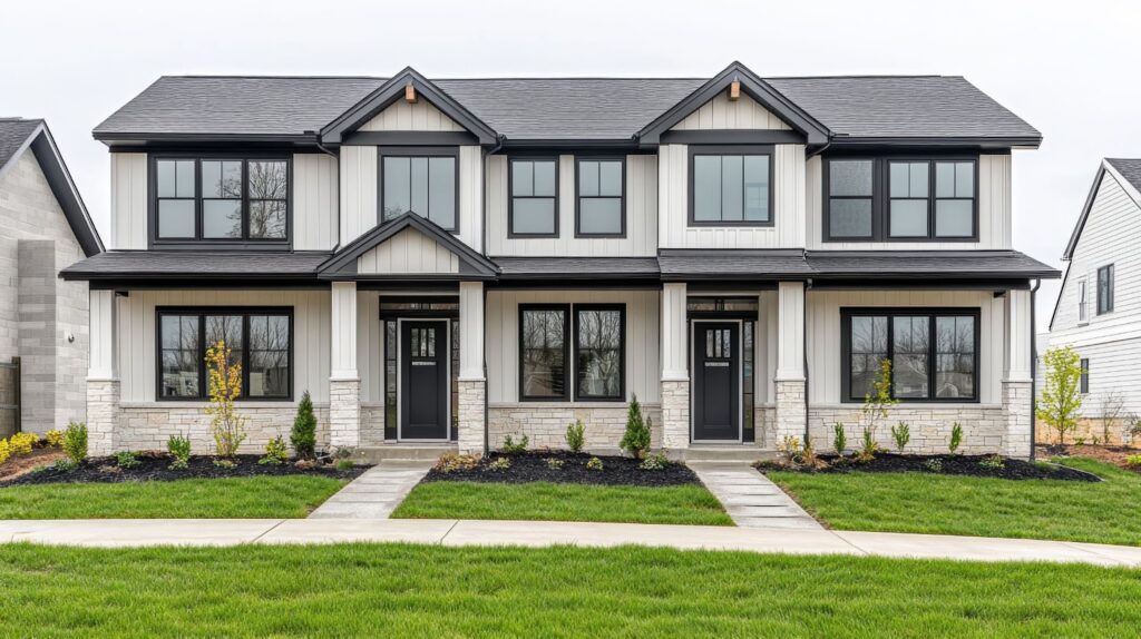 A modern two-story duplex with white siding, black trim, and stone accents, featuring two front entrances, large windows, and a well-maintained lawn with pathways.